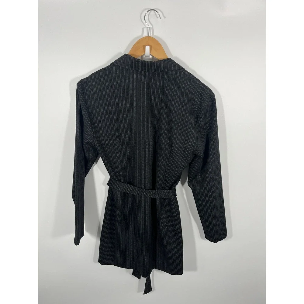 Vintage Womens Blazer S Grey Stripe Belted Chic Minimalist Office Capsule - Picture 3 of 7